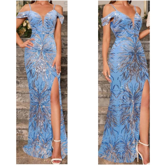 Luxe Baby Blue Sequin Cold Shoulder Party Evening Wedding Prom Dress - Picture 2 of 13